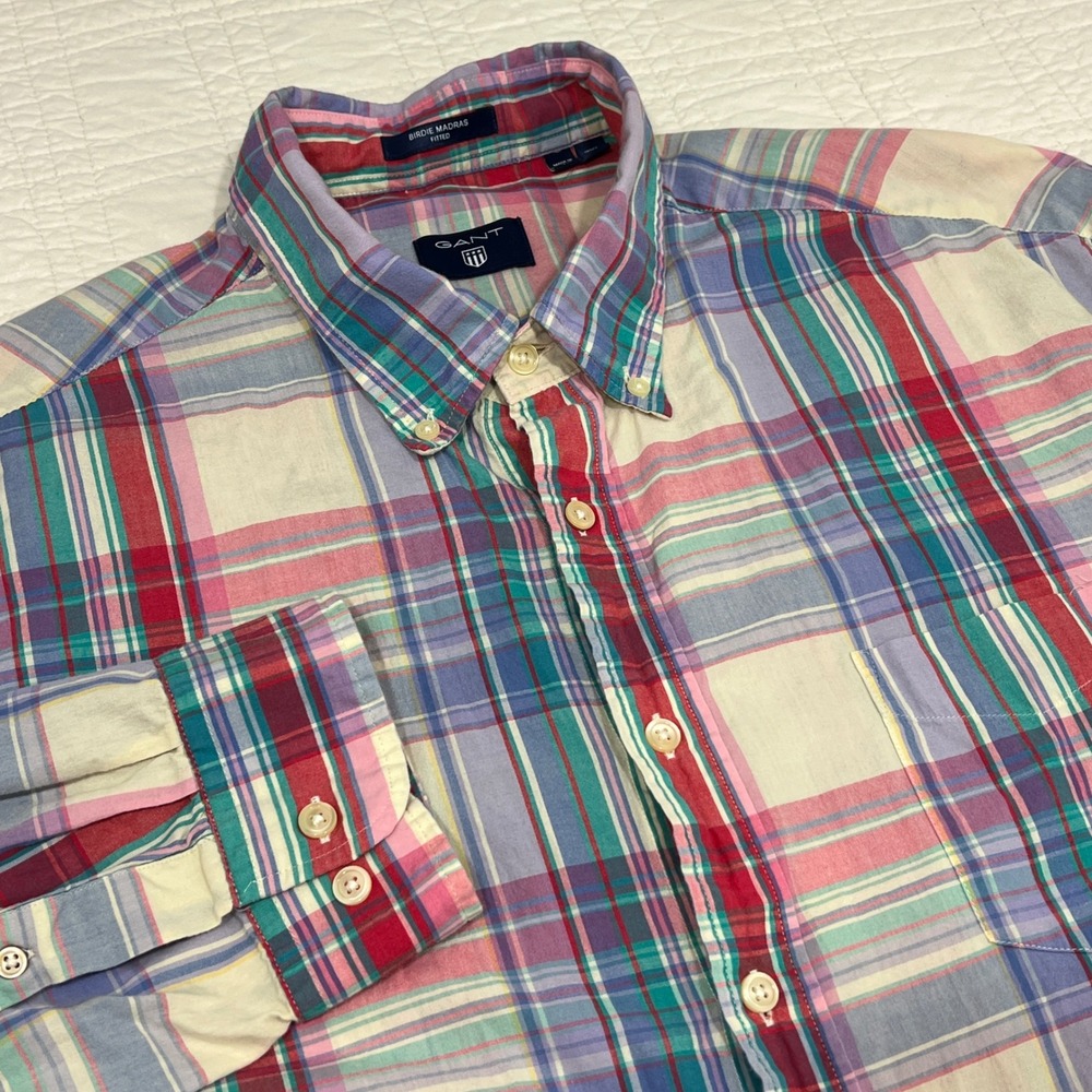 Gant Birdie Madras Fitted Plaid Button Down Shirt Mens 2XL Multicolor LS